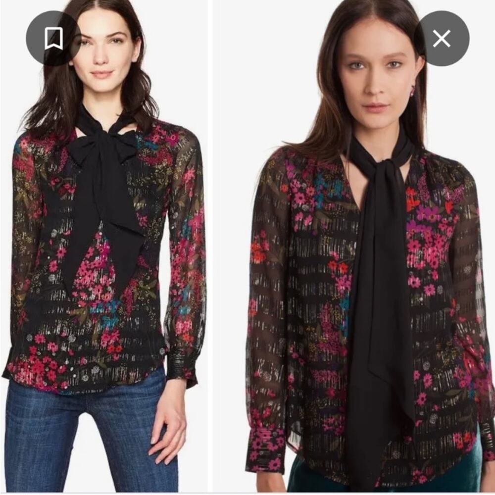 Trina Turk size XL Black silk Blouse floral tie neck business